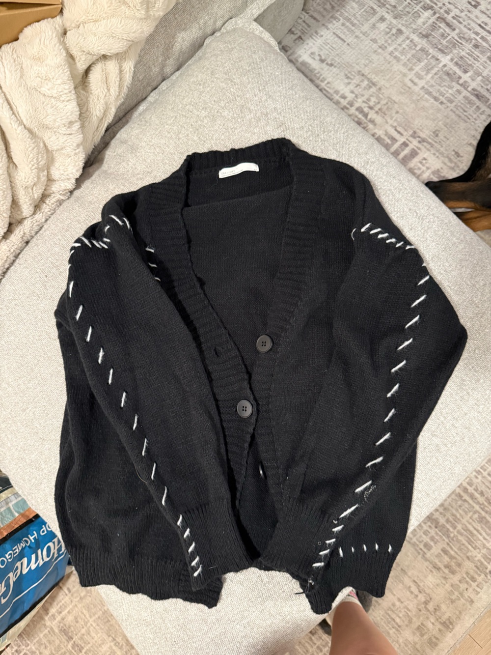 OAK + FORT Black Cardigan with White Stitching Detail